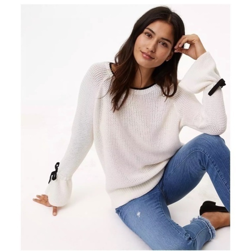 Loft • Cream Black Tipped Tie Cuffed Bell Sleeve Sweater